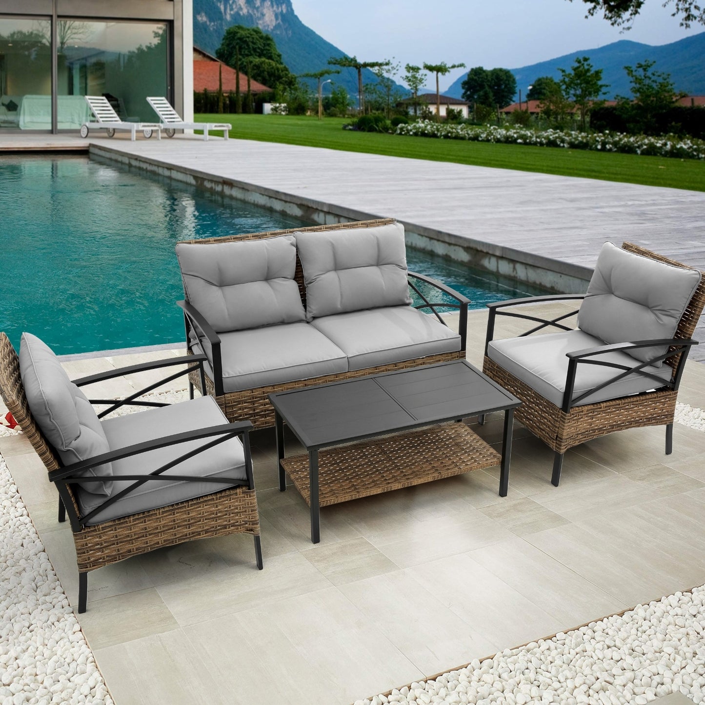 Conjunto de sofá seccional de 4 piezas para patio, desmontado, de ratán y mimbre, muebles de jardín para exteriores